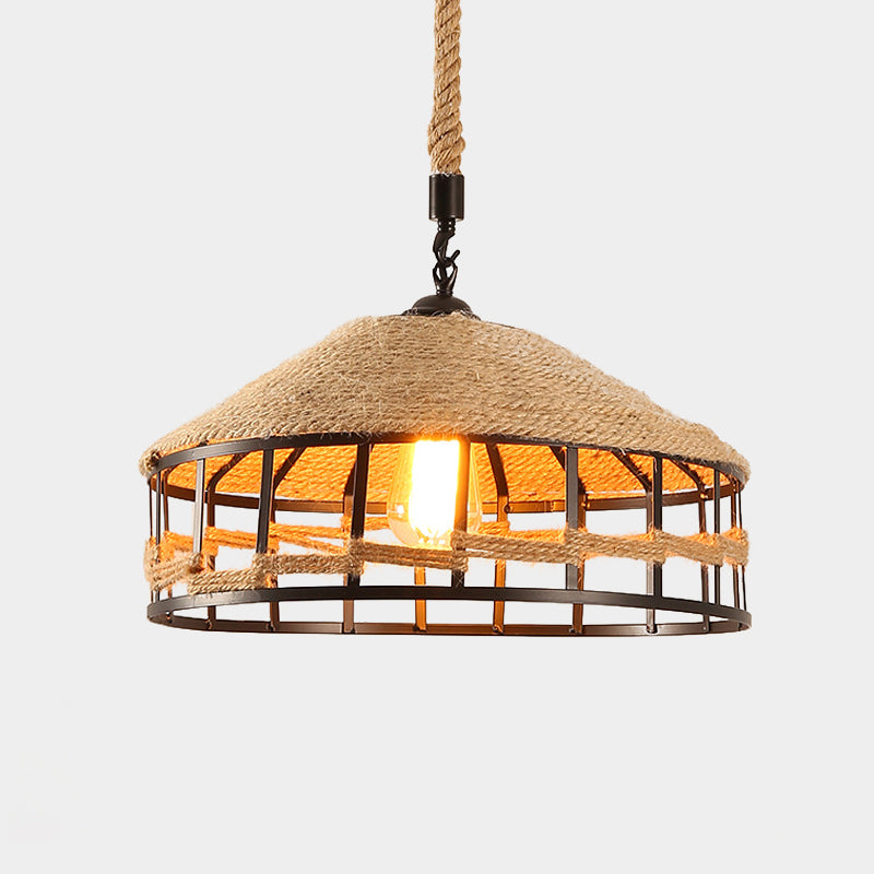 Mongolian Yurts Rope Pendant Vintage 1 Light Restaurant Ceiling Hang Fixture in Beige with Wire Cage, 12"/16"/19.5" W