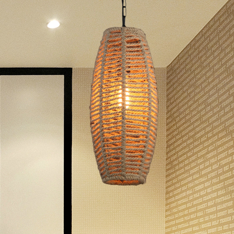 1-Light Hanging Lighting Countryside Fish-Basket Shape Rope Pendant Lamp Fixture in Beige