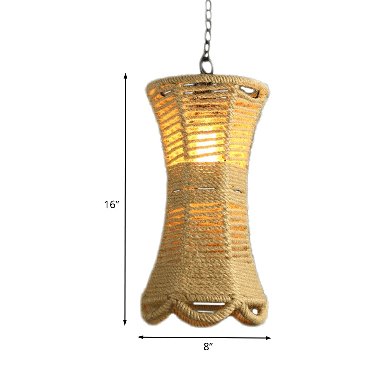 Beige Radian Pendant Lamp Vintage Rope 1 Head Restaurant Hand-Woven Hanging Light Fixture