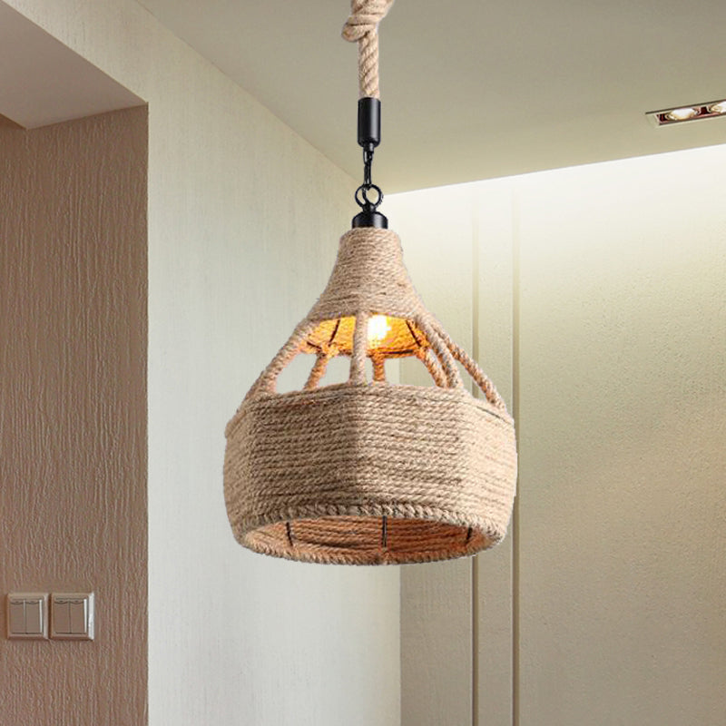 8"/15" Wide Beige 1-Bulb Ceiling Light Farmhouse Rope Onion/Hourglass Hanging Pendant Lamp for Coffee Shop