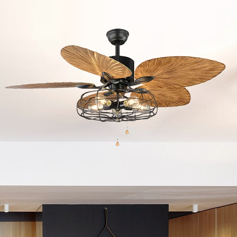 Classic Cage Semi Recessed Metal 5 Light Ceiling Fan with Black Crystal Pendant