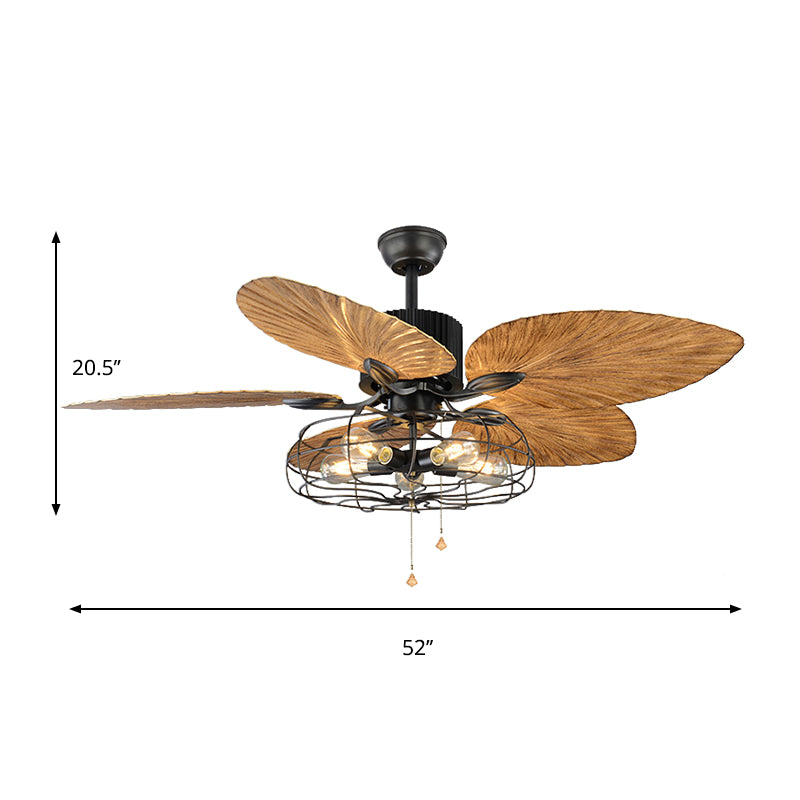 Classic Cage Semi Recessed Metal 5 Light Ceiling Fan with Black Crystal Pendant