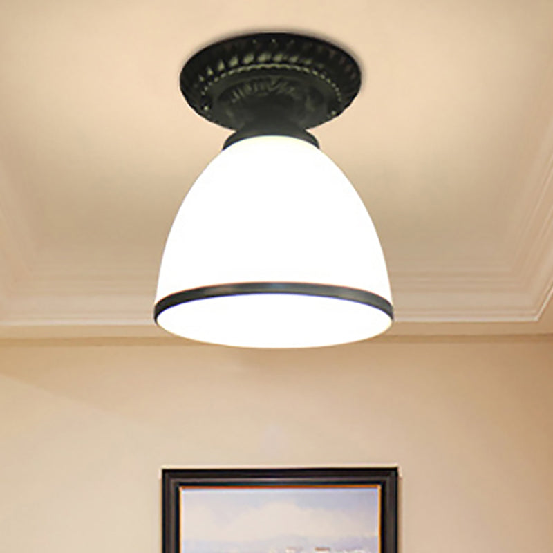 1 Light Barn/Dome/Flower Shade Semi Flush Light Industrial Milky Glass Ceiling Mount for Gallery in Black