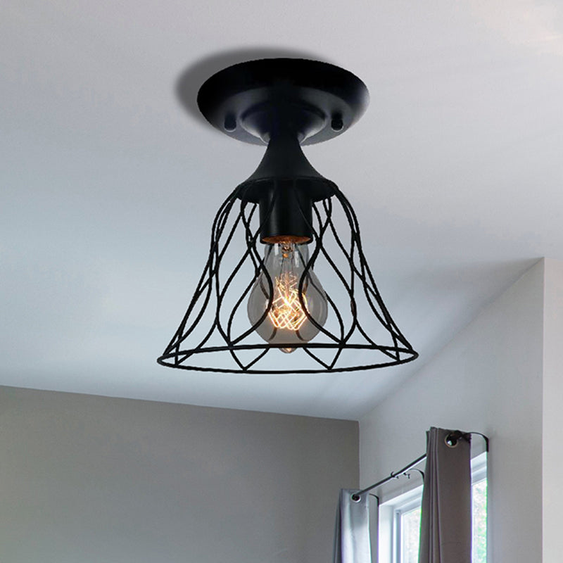1 Bulb Ceiling Lighting Antique Bell Cage Shade Metallic Semi Flush Pendant Light in Black for Bedroom