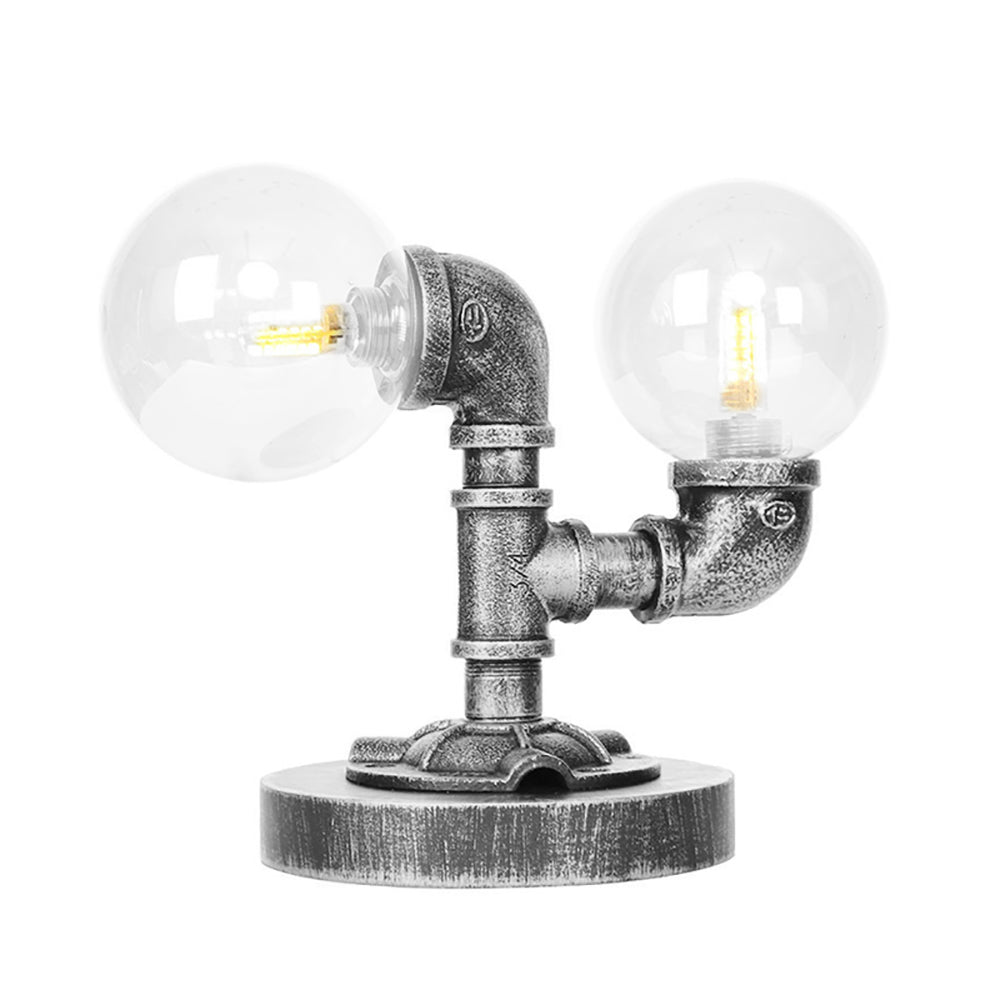 2-Light Desk Lamp Industrial Round Shade Clear/Amber Glass Table Lighting in Antique Silver