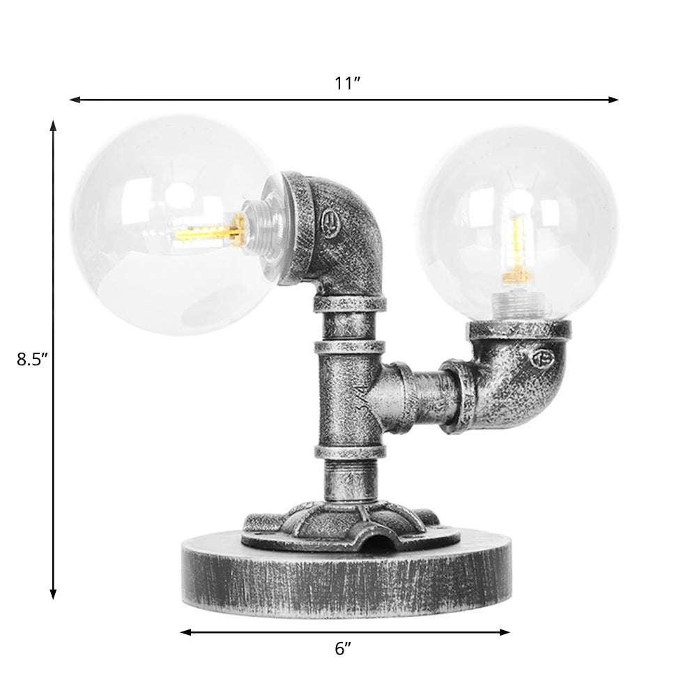 2-Light Desk Lamp Industrial Round Shade Clear/Amber Glass Table Lighting in Antique Silver