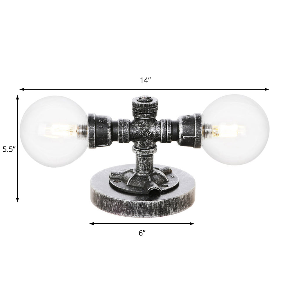 Industrial Round Shade Table Lamp 2 Lights Clear/Amber Glass Desk Light in Antique Silver with Base