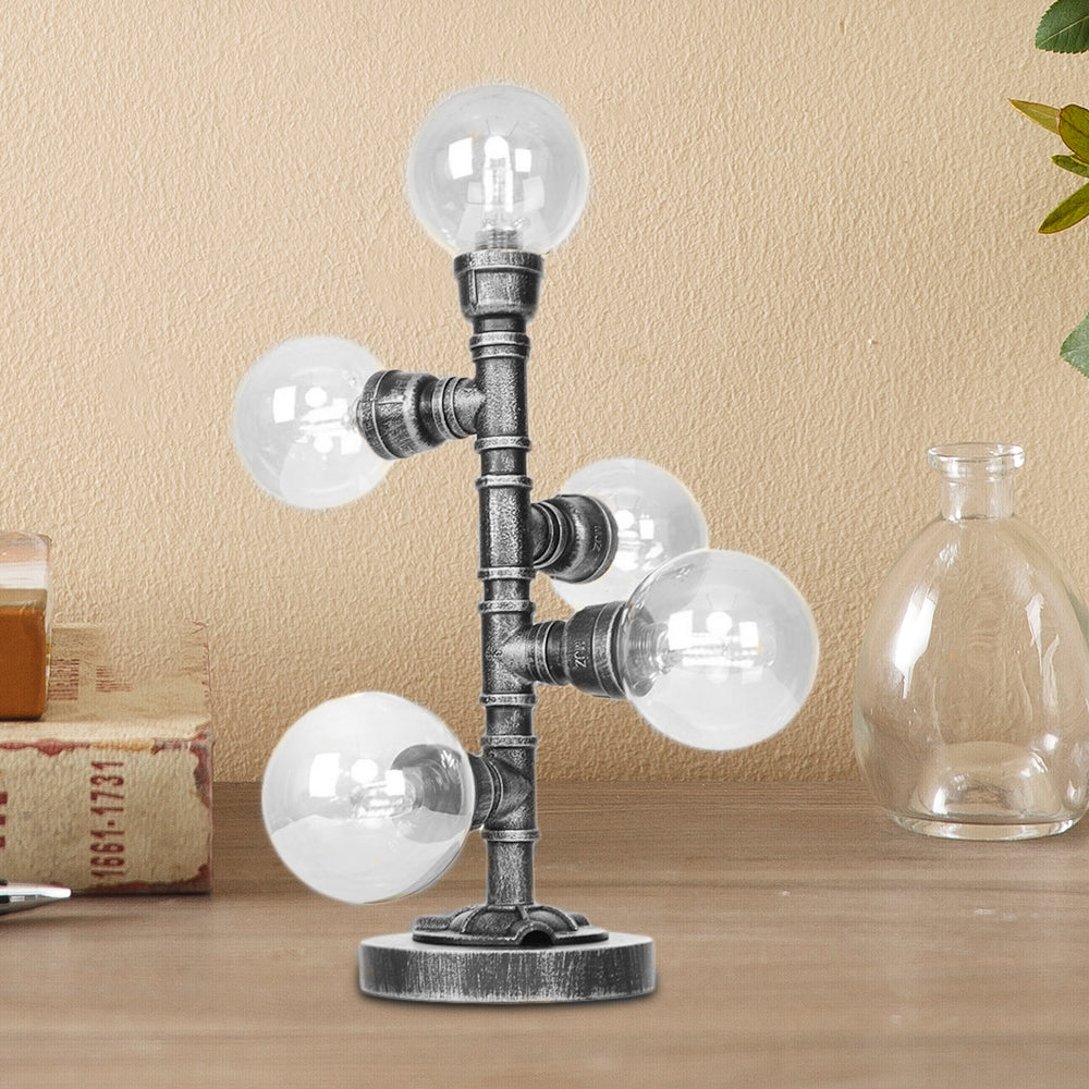 Antique Silver Globe Shade Desk Light Industrial Clear/Amber Glass 3/5-Light Living Room Task Lamp