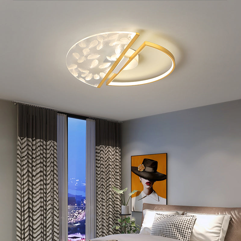 Round Shape LED Feather Ceiling Lamp Modern Iron 2 Lights Flush Mount for Study