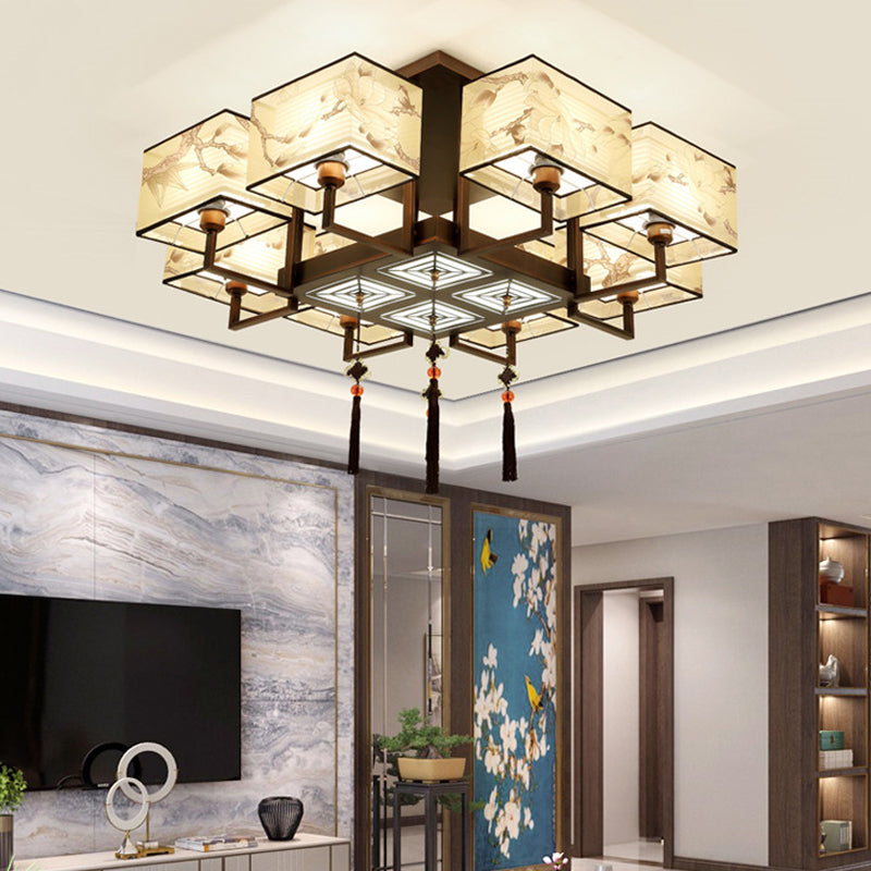 Traditional Ceiling Light Bird and Flower Print Fabric Living Room Flush Mount Light