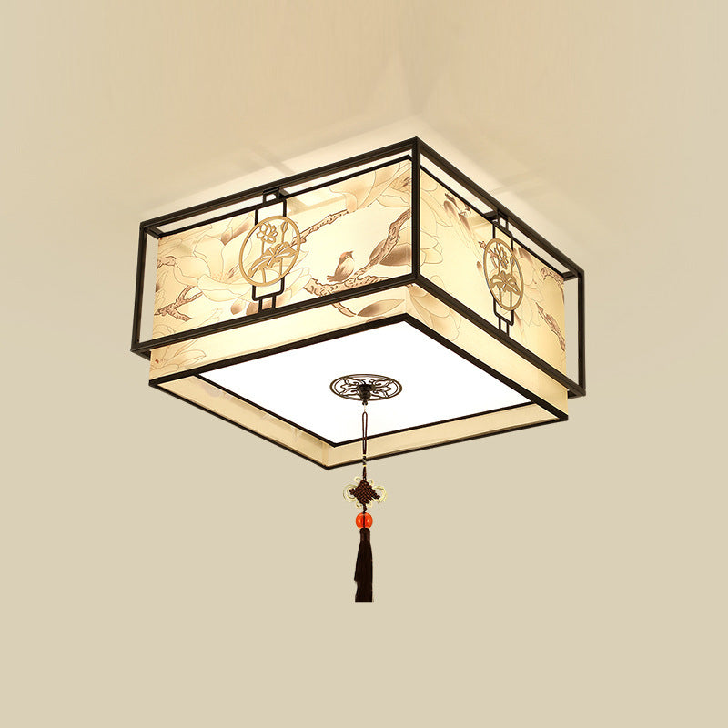 Traditional Ceiling Light Bird and Flower Print Fabric Living Room Flush Mount Light