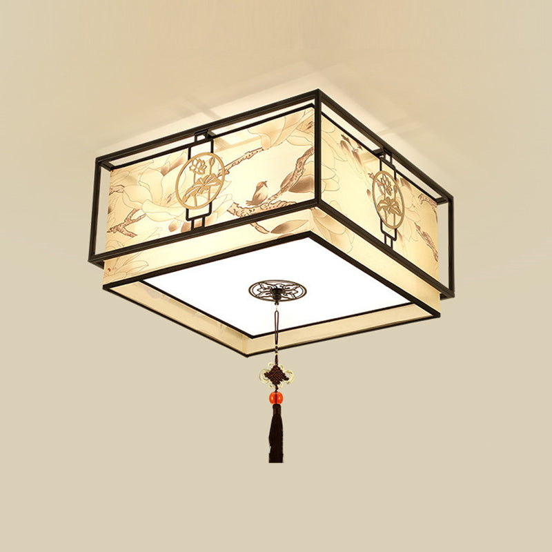 Traditional Ceiling Light Bird and Flower Print Fabric Living Room Flush Mount Light