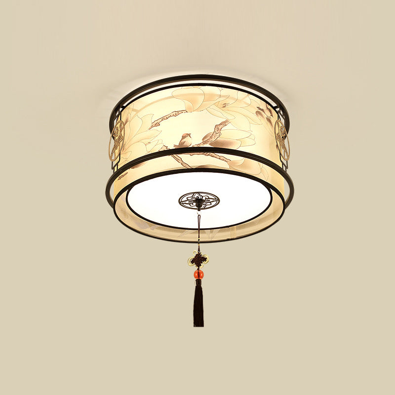 Traditional Ceiling Light Bird and Flower Print Fabric Living Room Flush Mount Light