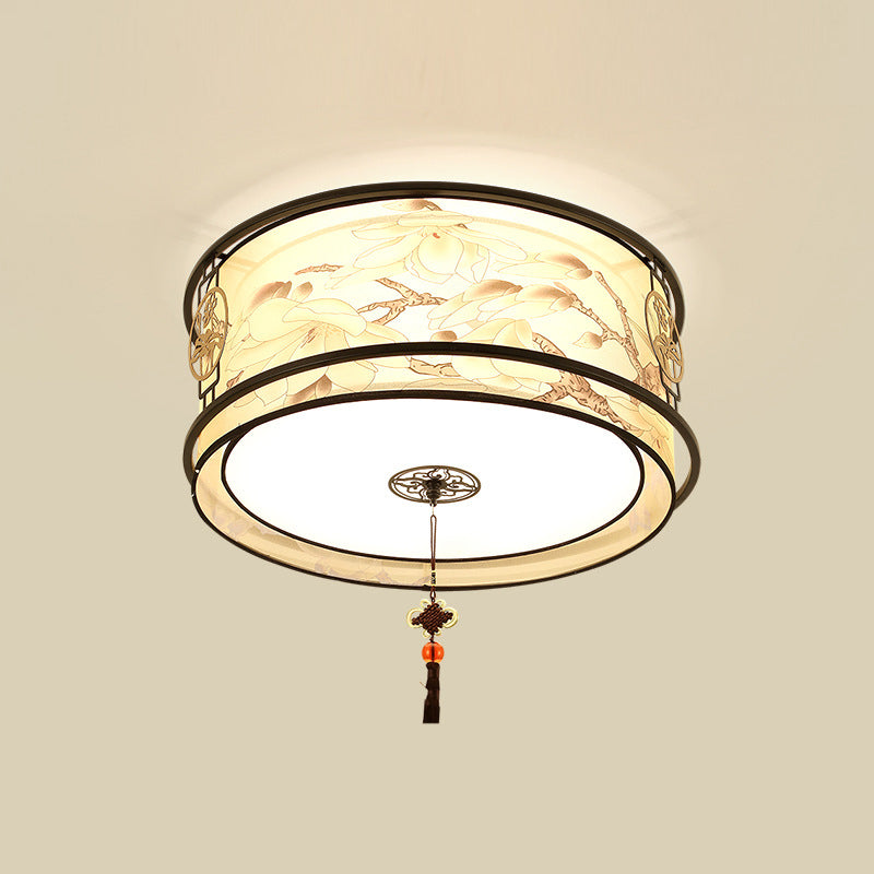 Traditional Ceiling Light Bird and Flower Print Fabric Living Room Flush Mount Light