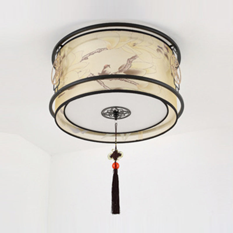 Traditionele Plafond Licht Vogel en bloem Print Fabric Living Room Flush Mount Light