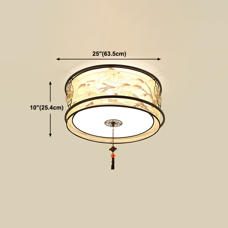 Traditional Ceiling Light Bird and Flower Print Fabric Living Room Flush Mount Light