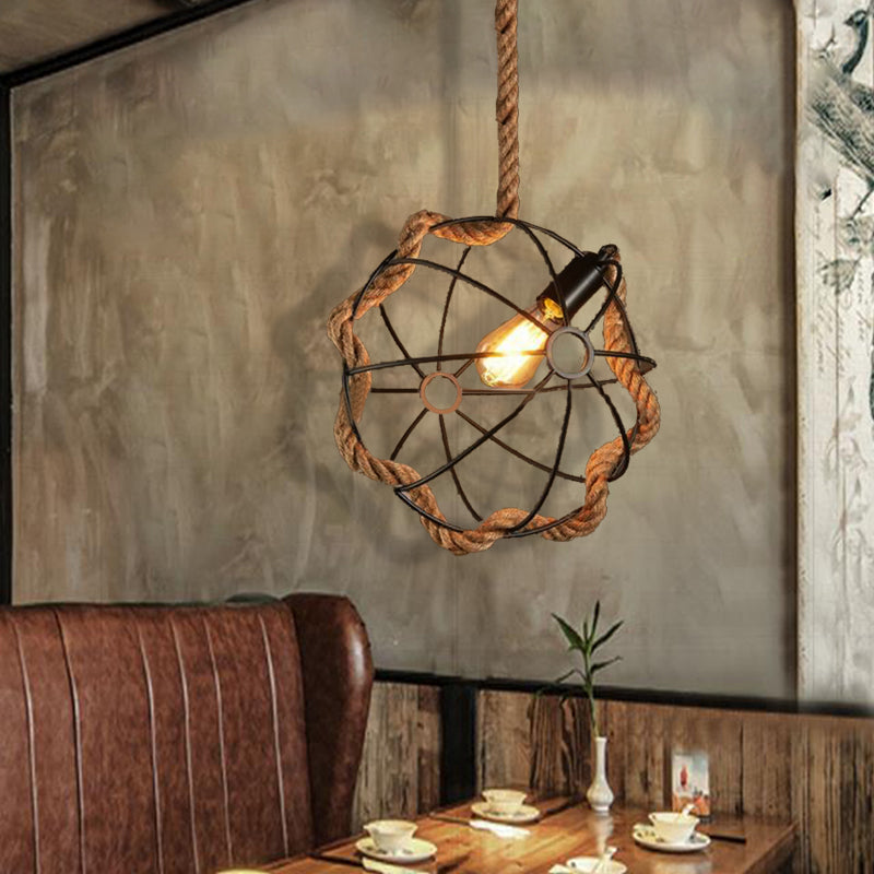 Beige 1 Light Pendant Lighting Industrial Metal and Rope Round Hanging Lamp for Dining Room