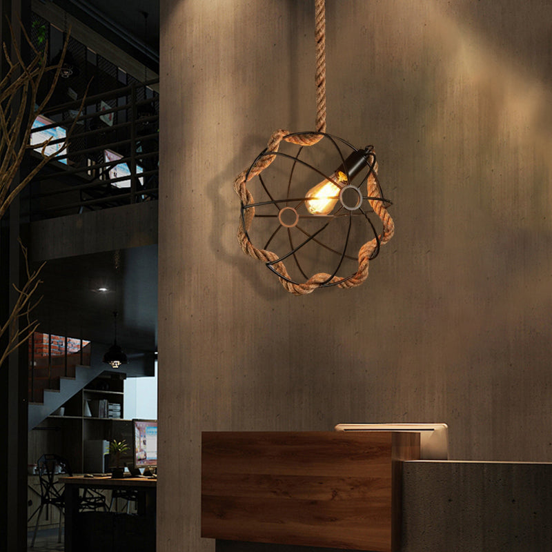 Beige 1 Light Pendant Lighting Industrial Metal and Rope Round Hanging Lamp for Dining Room