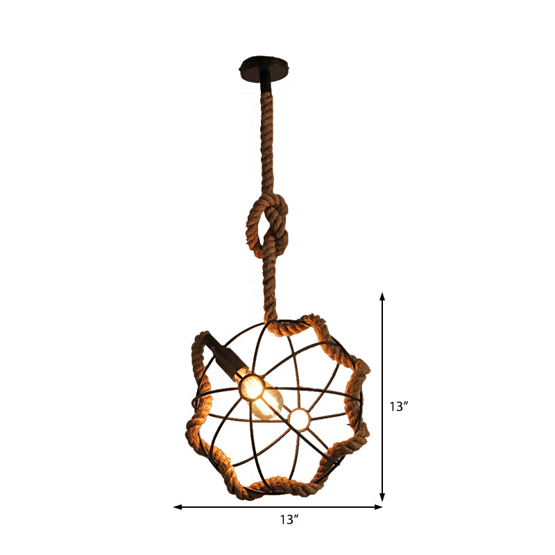 Beige 1 Light Pendant Lighting Industrial Metal and Rope Round Hanging Lamp for Dining Room