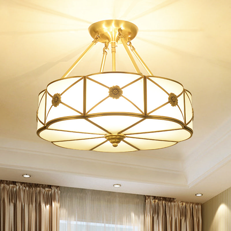 Gouden koperen plafondverlichting armaturen traditionele trommelplafond gemonteerde lamp met glazen schaduw