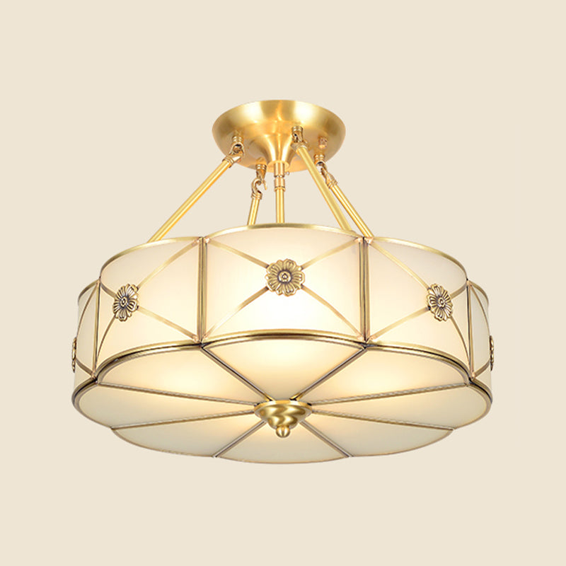 Gouden koperen plafondverlichting armaturen traditionele trommelplafond gemonteerde lamp met glazen schaduw