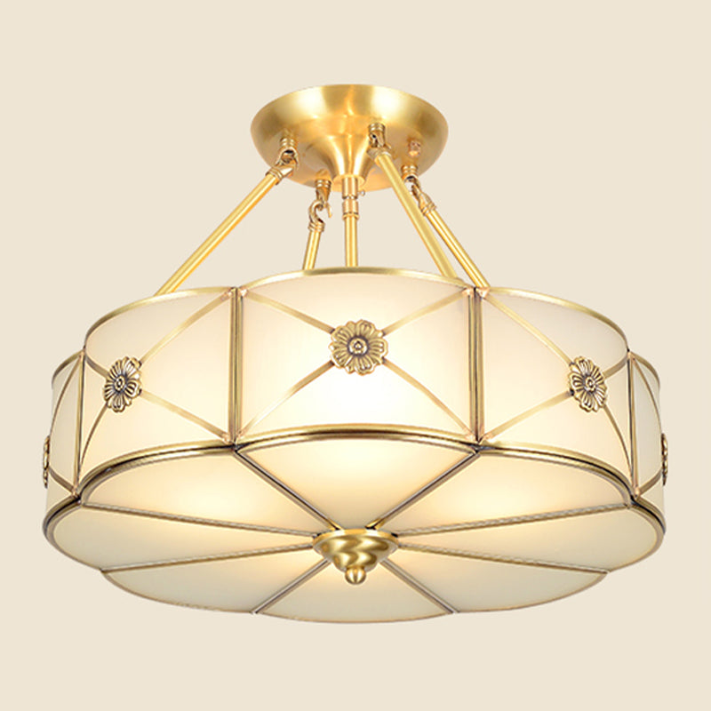 Gouden koperen plafondverlichting armaturen traditionele trommelplafond gemonteerde lamp met glazen schaduw