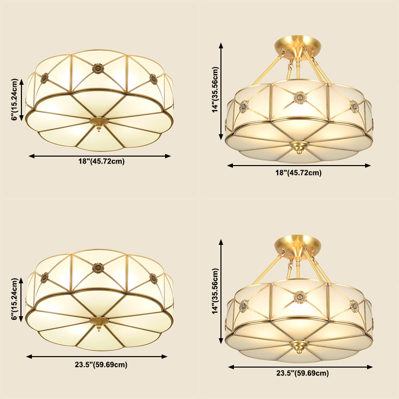 Lámpara de luz de techo de cobre dorado lámpara de techo de tambor tradicional con sombra de vidrio