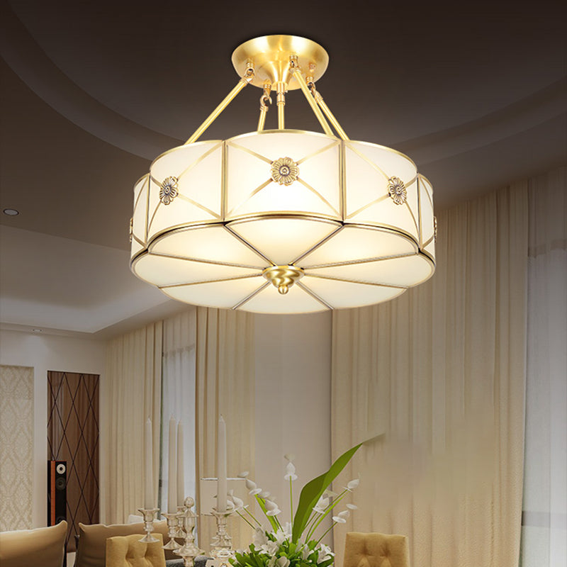 Gouden koperen plafondverlichting armaturen traditionele trommelplafond gemonteerde lamp met glazen schaduw