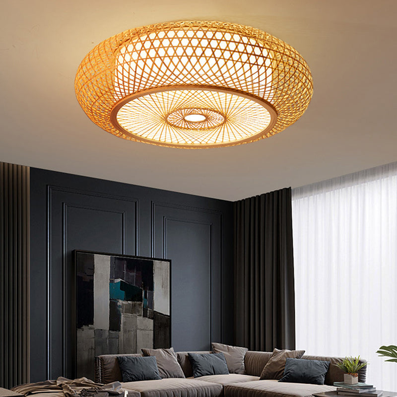 Bamboo Round Shape Flush Ceiling Light Asian Style 1 Light Flush Mount Lighting in Brown