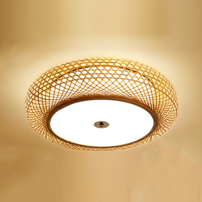 Bamboo Round Shape Flush Ceiling Light Asian Style 1 Light Flush Mount Lighting in Brown