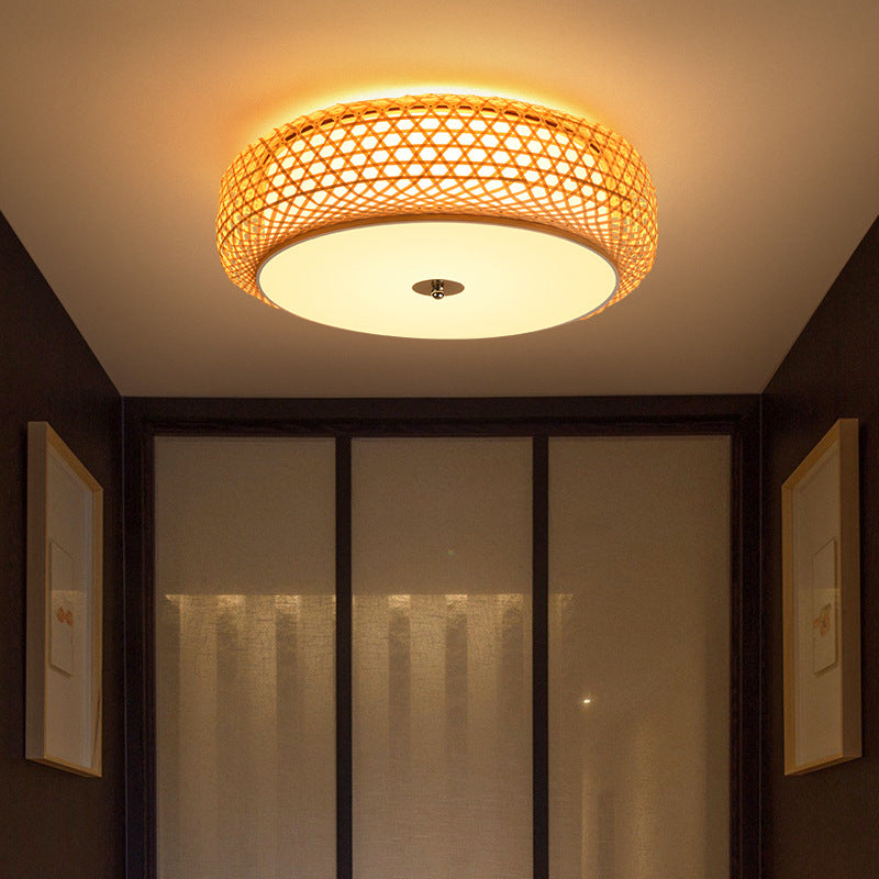 Bamboo Round Shape Flush Ceiling Light Asian Style 1 Light Flush Mount Lighting in Brown