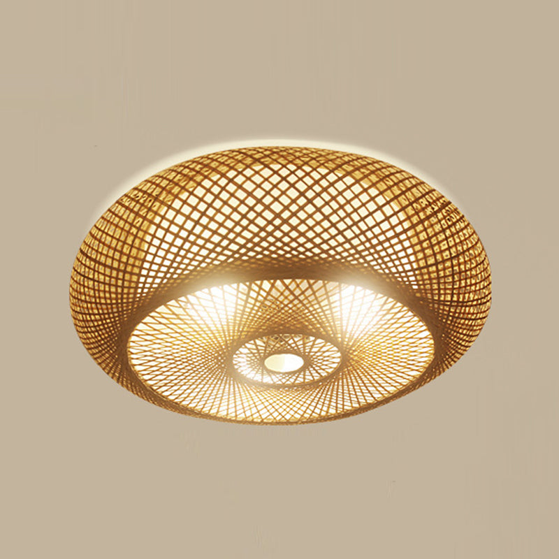 Bamboo Round Shape Flush Ceiling Light Asian Style 1 Light Flush Mount Lighting in Brown