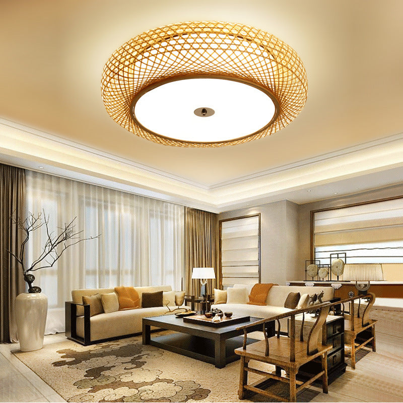 Bamboo Round Shape Flush Ceiling Light Asian Style 1 Light Flush Mount Lighting in Brown