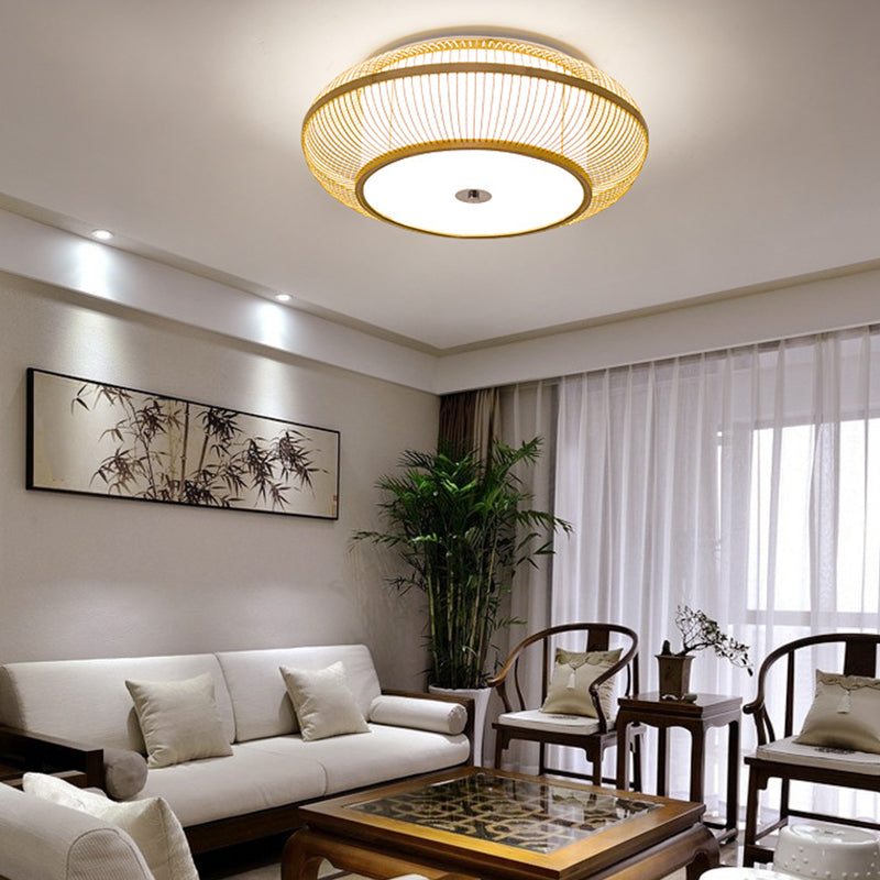 Bamboo Round Shape Flush Ceiling Light Asian Style 1 Light Flush Mount Lighting in Brown