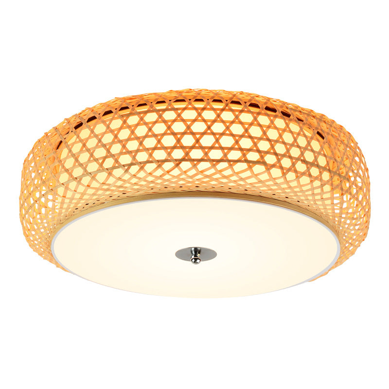 Bamboo Round Shape Flush Ceiling Light Asian Style 1 Light Flush Mount Lighting in Brown