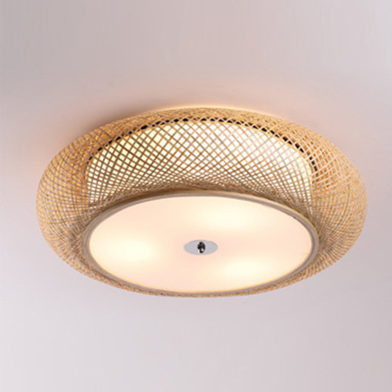 Bamboo Round Shape Flush Ceiling Light Asian Style 1 Light Flush Mount Lighting in Brown