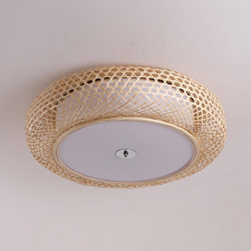 Bamboo Round Shape Flush Ceiling Light Asian Style 1 Light Flush Mount Lighting in Brown