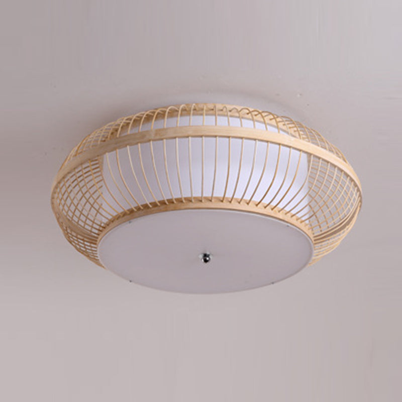 Bamboo Round Shape Flush Ceiling Light Asian Style 1 Light Flush Mount Lighting in Brown