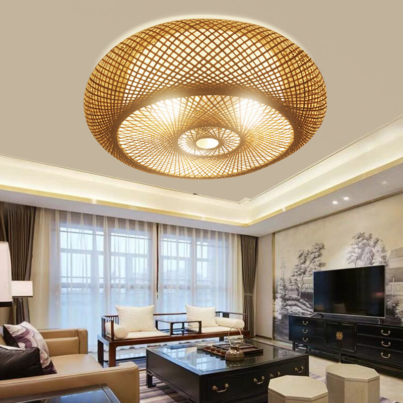 Bamboo Round Shape Flush Ceiling Light Asian Style 1 Light Flush Mount Lighting in Brown