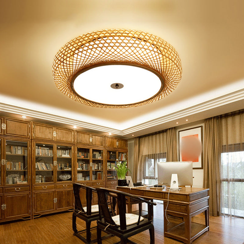 Bamboo Round Shape Flush Ceiling Light Asian Style 1 Light Flush Mount Lighting in Brown