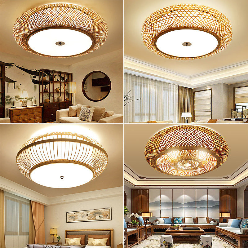 Bamboo Round Shape Flush Ceiling Light Asian Style 1 Light Flush Mount Lighting in Brown