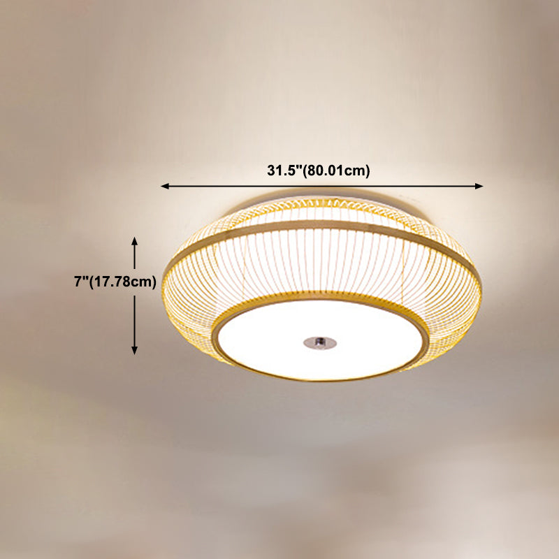 Bamboo Round Shape Flush Ceiling Light Asian Style 1 Light Flush Mount Lighting in Brown