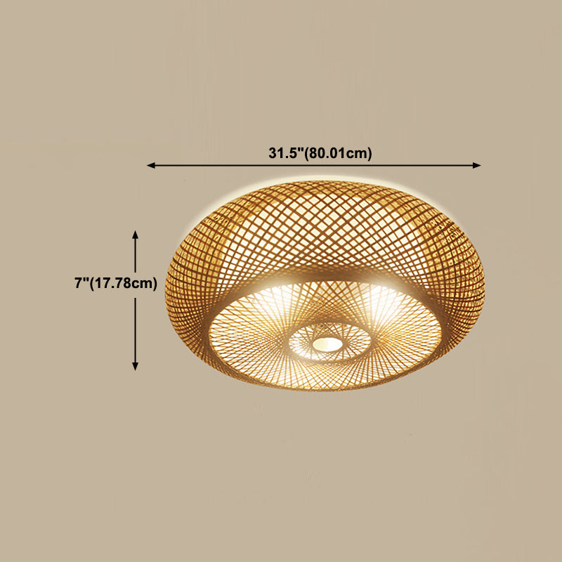 Bamboo Round Shape Flush Ceiling Light Asian Style 1 Light Flush Mount Lighting in Brown