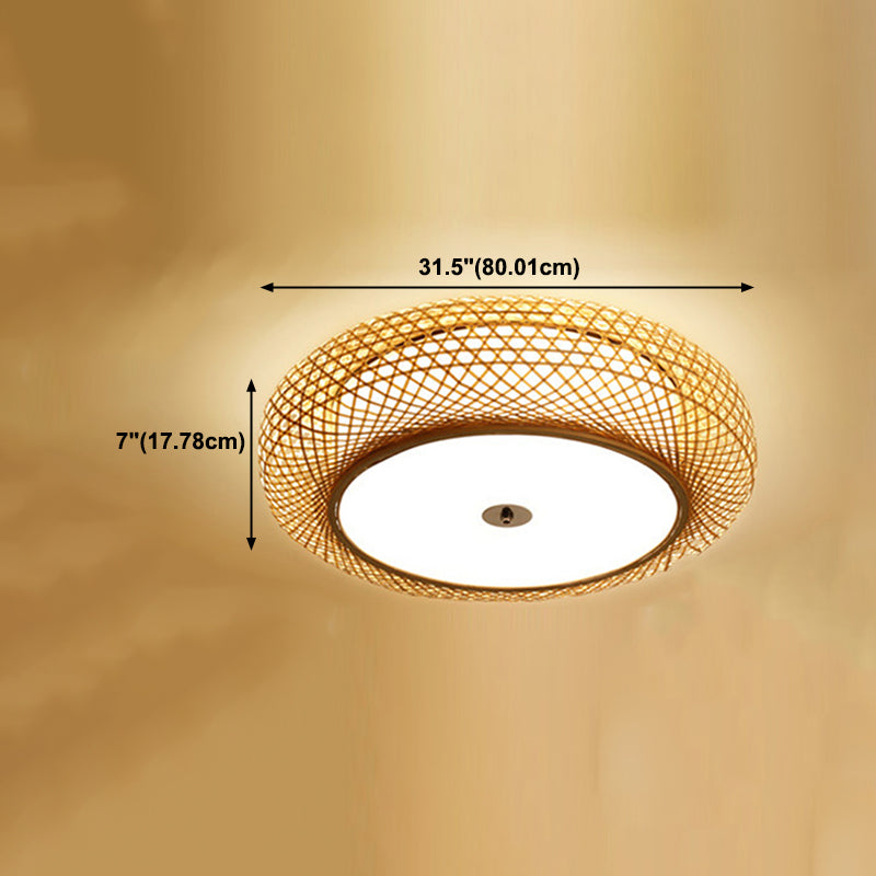 Bamboo Round Shape Flush Ceiling Light Asian Style 1 Light Flush Mount Lighting in Brown