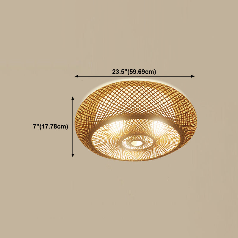 Bamboo Round Shape Flush Ceiling Light Asian Style 1 Light Flush Mount Lighting in Brown