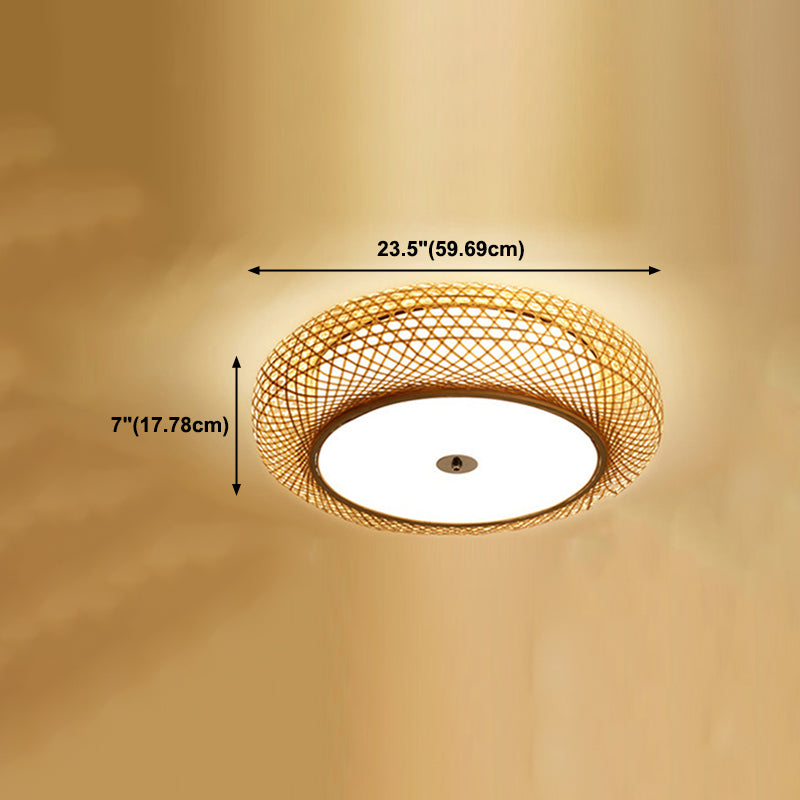 Bamboo Round Shape Flush Plafond Light Asian Style 1 Light Lush Flush Mount Éclairage en marron