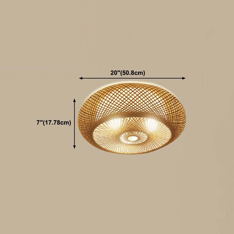 Bamboo Round Shape Flush Ceiling Light Asian Style 1 Light Flush Mount Lighting in Brown