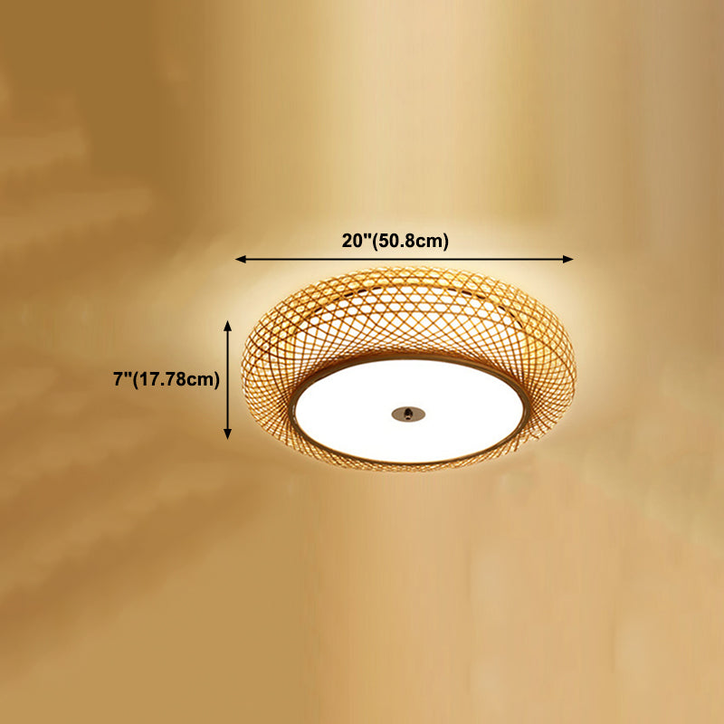 Bamboo Round Shape Flush Ceiling Light Asian Style 1 Light Flush Mount Lighting in Brown