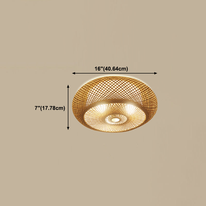 Bamboo Round Shape Flush Ceiling Light Asian Style 1 Light Flush Mount Lighting in Brown