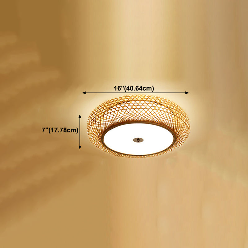 Bamboo Round Shape Flush Ceiling Light Asian Style 1 Light Flush Mount Lighting in Brown